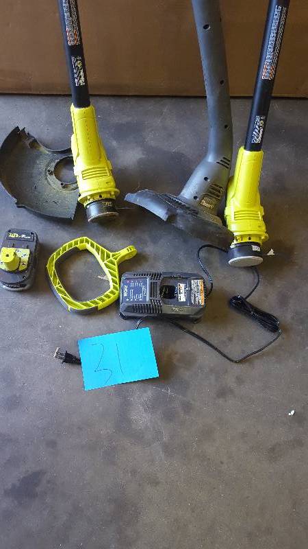 lot 31 image: Lot of 3 Ryobi 18 Volt Trimmers- 1 battery and 1 Charger