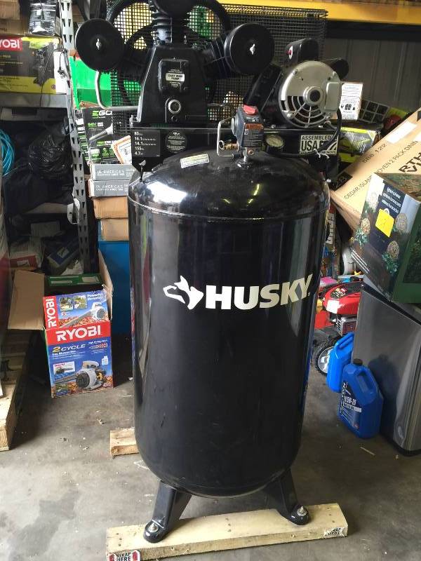 lot 76 image: Husky 80 Gal. 3-Cylinder Single Stage Electric Air Compressor Model # C801H voltage 220