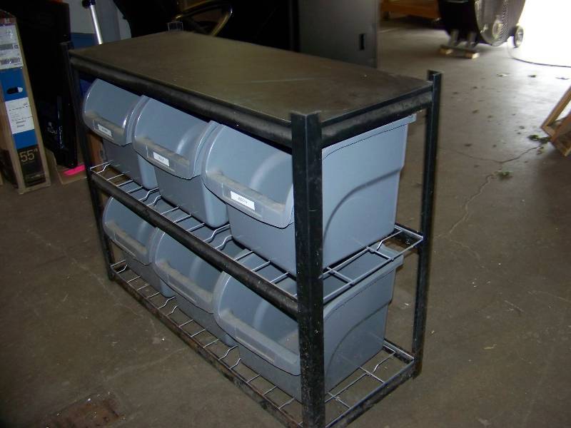 Organizing  Storage Rack with (6) individual, Plastic Storage Bins