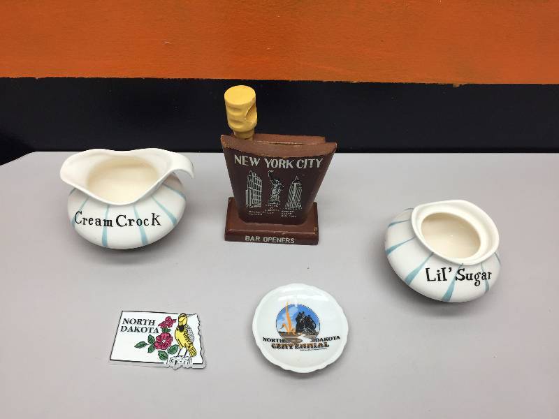 lot 26 image: LIGHT, SUGAR AND CREAM BOWLS,POTATO BOWL, BEER OPENERS, OVAL LIGHT, WOODEN DUCK, MALLET AND WINDMILL