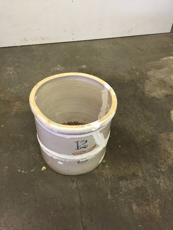 lot 58 image: VINTAGE ELECTROLUX VACUUM, CORNER SHELF,RED WING CROCK, METAL GARBAGE CAN, WOODEN CRATE AND VINTAGE DOOR