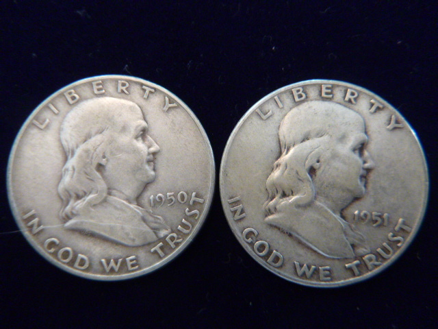 1950 and 1951 Benjamin Franklin Silver Half Dollars
