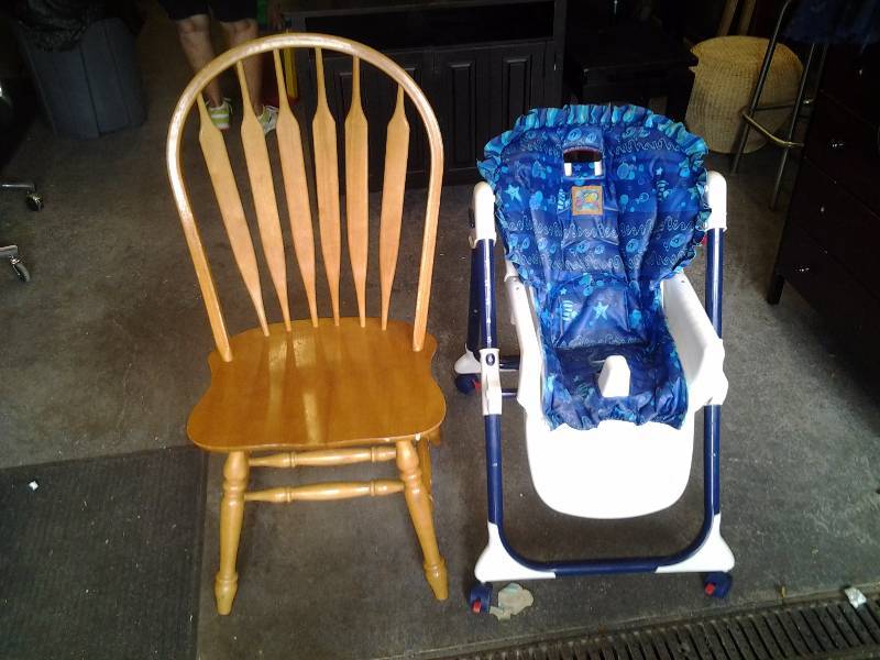 Oak Bow Back Chair & Fisher Price Folding High Chair No Tray