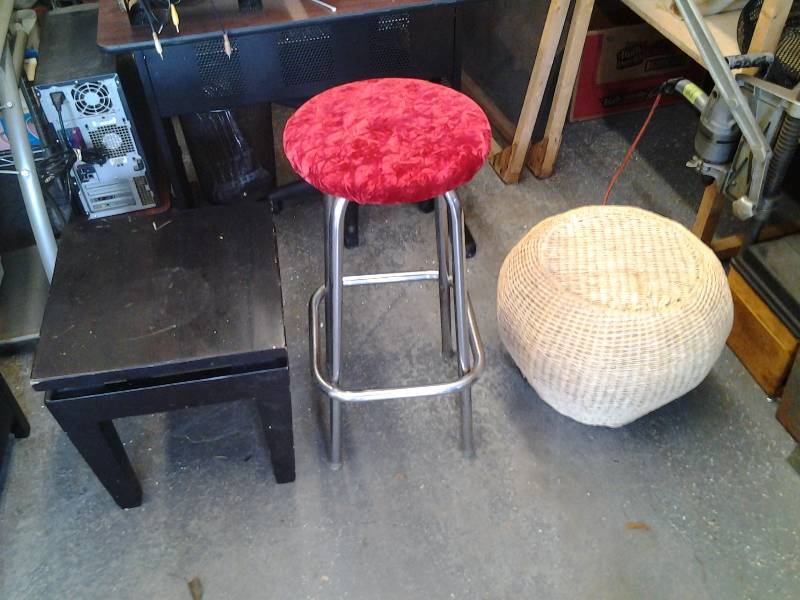 Retro Red Stool 30 Inches High & Wicker Ottoman End Table