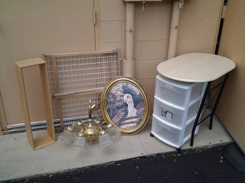 3 Drawer Plastic Organizer, Baby Gate, Ceiling Light Fixture, Oval Frame No Glass, Table- Needs Legs Re-Attached