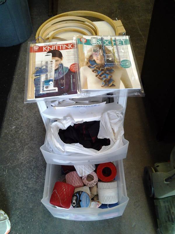 Tub Of Crafting Supplies, Embroidery, Hoops, Knitting, Crochet