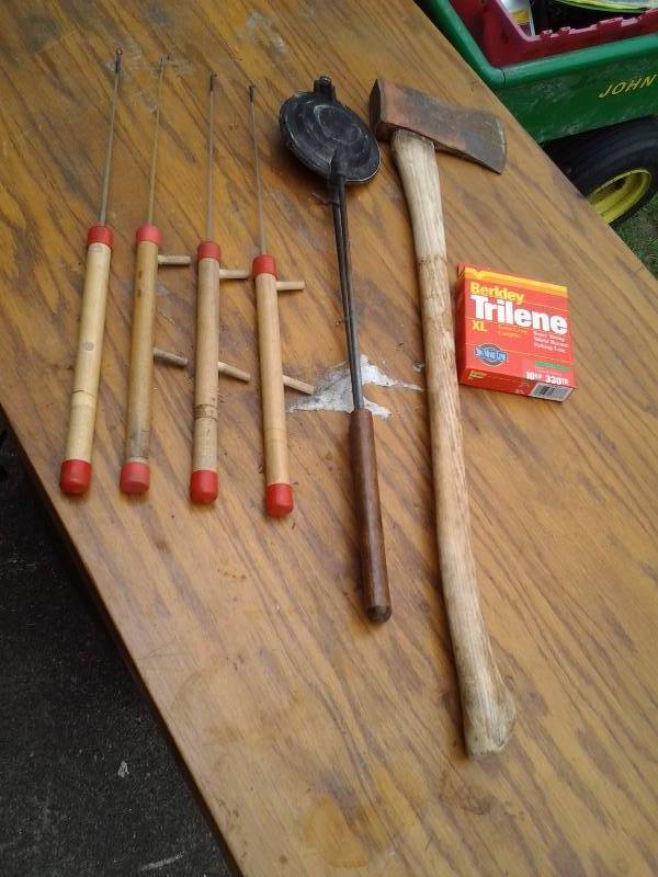lot 55 image: Ice Jig Sticks, Ax, Campfire Cooker