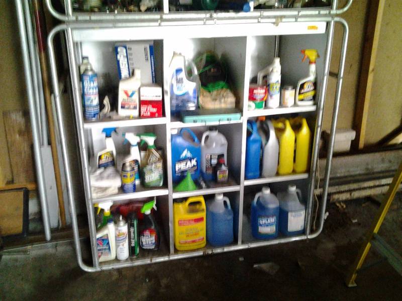 lot 3 image: Aluminum Shelf & Contents 48x48x24 Automotive Related Fluids, Car Care, Waxes & More
