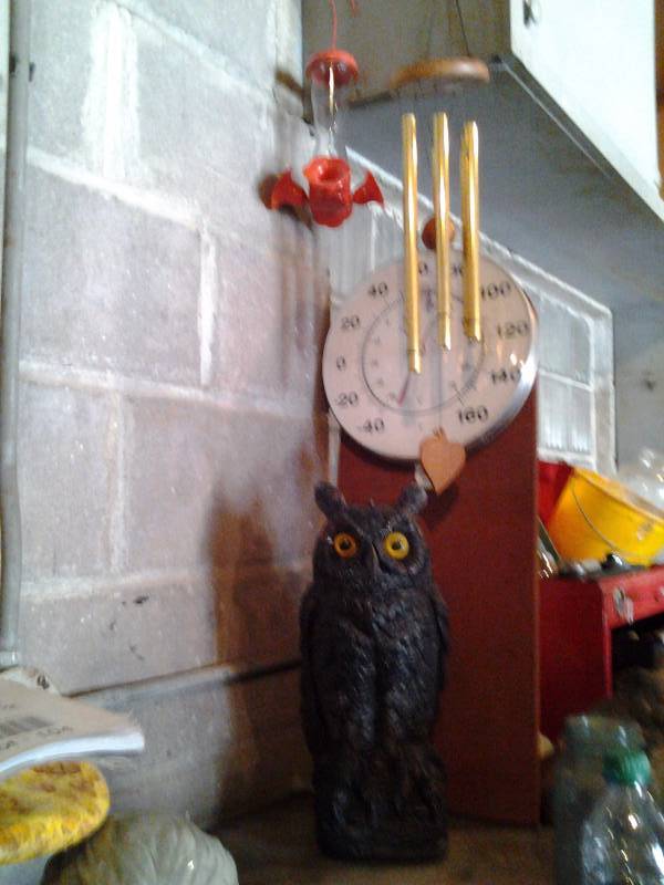 lot 98 image: Outdoor Thermometer, Wind Chime, Hummingbird Feeder, Owl Statue