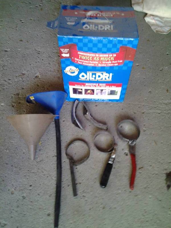 lot 101 image: Box Of Oil Dry, Oil Filter Wrenches, Funnels