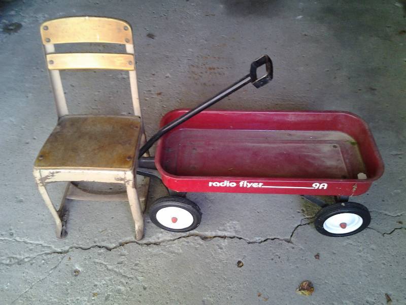 lot 110 image: Radio Flyer Wagon, Small Vintage School Chair