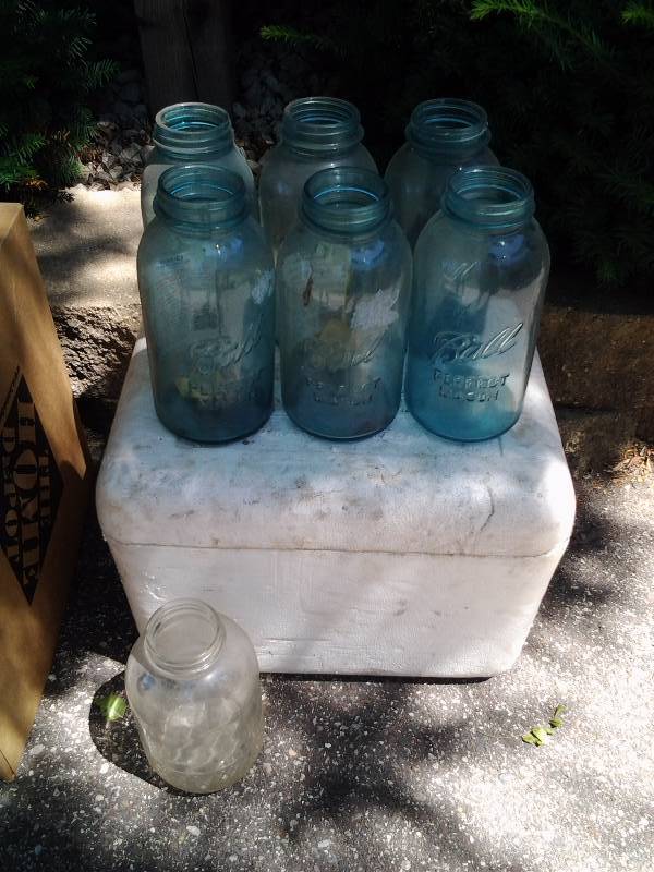 lot 114 image: Lot Of 6 Large Ball Blue Perfect Mason Jars, 1-Pickle Jar