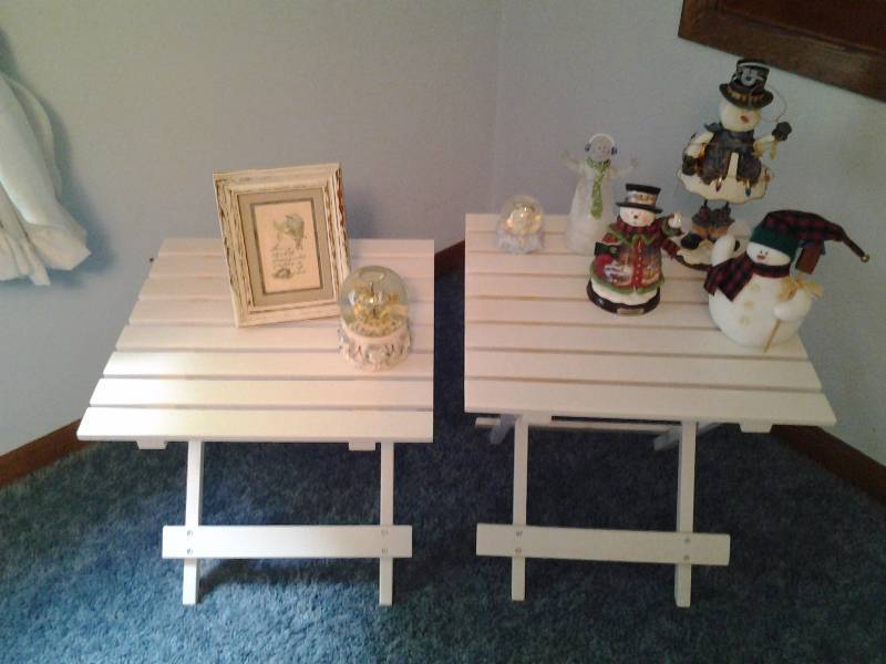 lot 142 image: 2-White Foldng Tables, Collection Of Snowmen & Other Decoratives