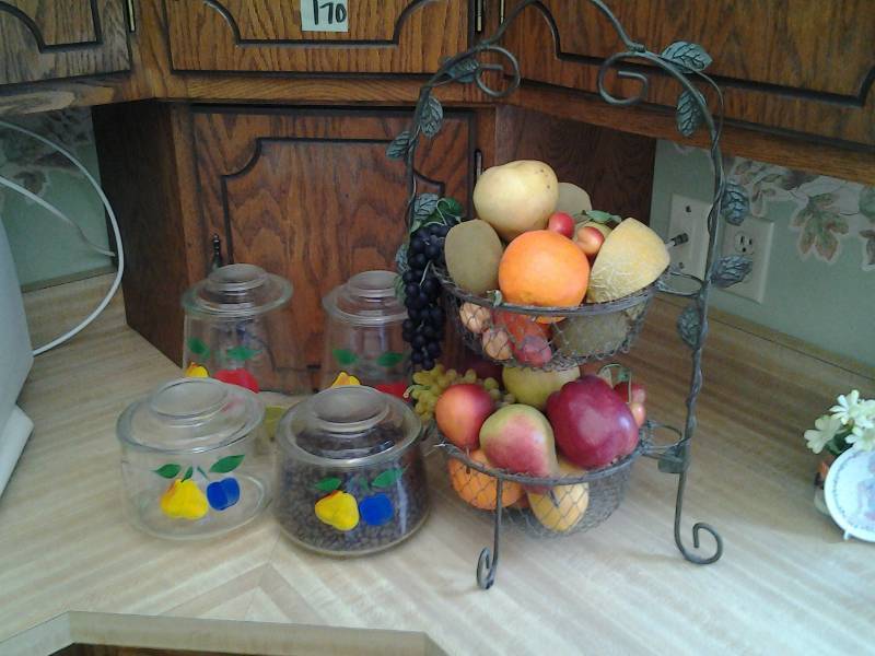 lot 175 image: 4-Glass Painted Fruit Canisters, Wire Basket With Faux Fruit