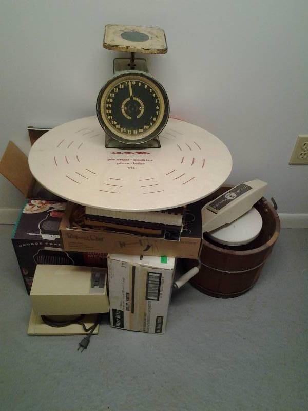 lot 269 image: Vintage Scale, LefsePastry Cloth, Ice Cream Maker, Cookie Press,
