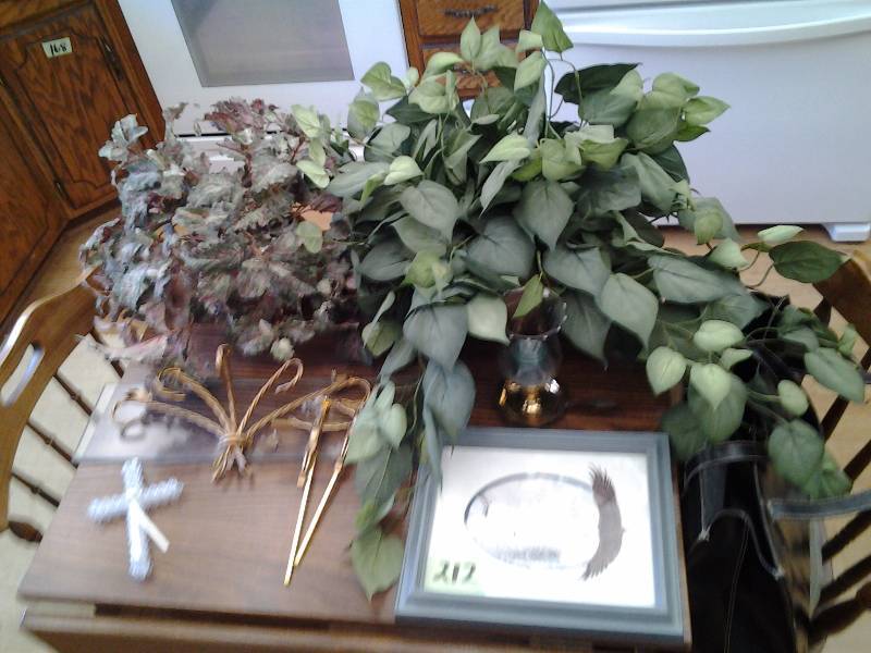 lot 212 image: Lot Of Greenery, Glass Shelf, Religious (Picture 10x12) & Crosses