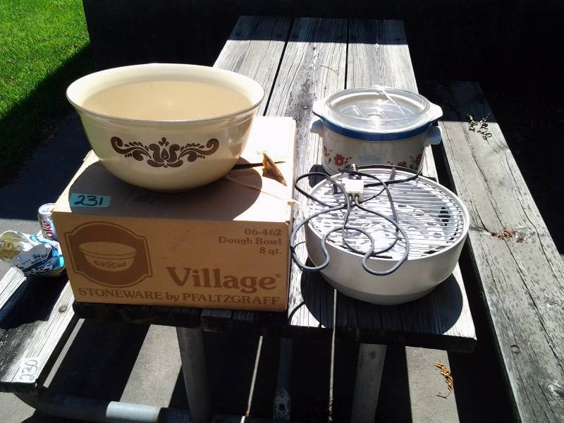lot 231 image: Pfatlzgraff Village Pattern Dough Bowl, Ceramic Electric Grill, Crock Pot
