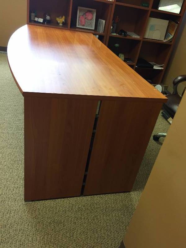 lot 15 image: High End Quality Made In Denmark by Tvilum-Scanbirk Presidents Executive Office Cherry Veneer Managers Large Conference Bowfront Desk (Desk Only) - Retails $1200 - Excellent Condition Matches Other Pieces In This Auction