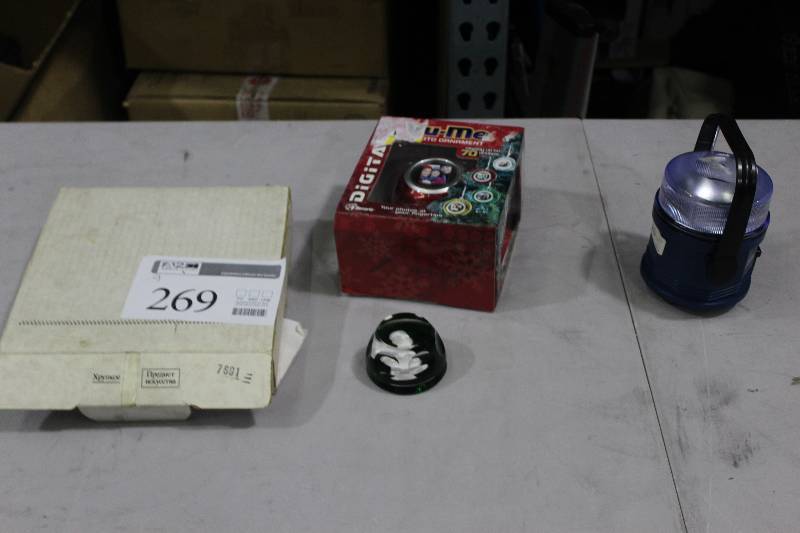lot 269 image: Lot of (4) Misc Including 1) Decorative Plate AND 1) Coleman Lantern AND 1) Vu-Me Digital Picture Frame AND 1) Figurine