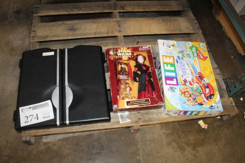 lot 274 image: Lot of (3) Including 1) Electronic Dart Board w Wall Case AND 1) Star Wars Episode 1 Queen Amidala Collection Ultimate Hair Queen Amidala Action Figure AND 1) The Game of Life Board Game