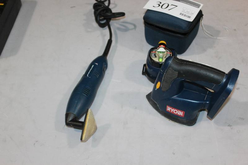 lot 307 image: Lot of (3) Ryobi Power Tools Including 1) Mult-Tool Model DS11008 AND 1) Laser Level AND 1) 18V 5.5 Sander