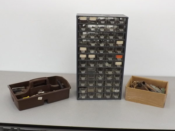 lot 49 image: FULL Parts Cabinet and Misc Hand Tools