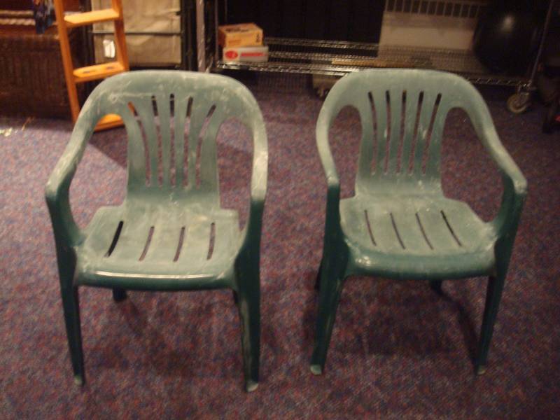 lot 28 image: Pair Of Green Lawn Chairs, Used, Has Some Whi...
