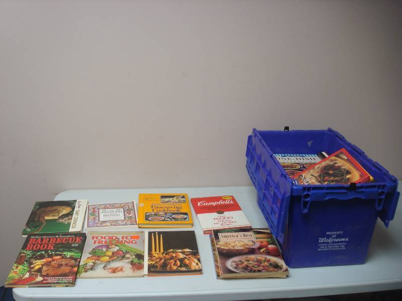 lot 92 image: Plastic Bin Filled With Cook Books...