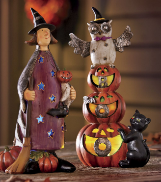 Lit Halloween Figurine owl only Retail $17.79 Color-changing lights lend an eerie air to these spook-alicious figurines. Each uses 1 AA battery (not included) and has an onoff switch. Hand-painted resin. Outdoor safe. 14 12 h, ea.