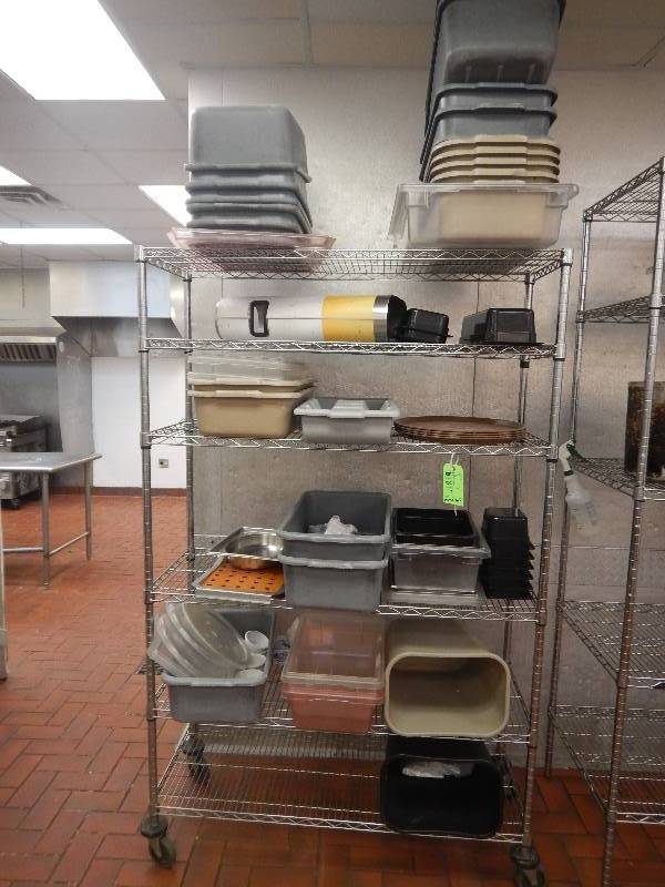 lot 9 image: Metal Shelf with Misc. Bins, Trash Cans, Trays, Etc.