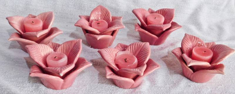 lot 42 image: 6 pink ceramic petal candle holders