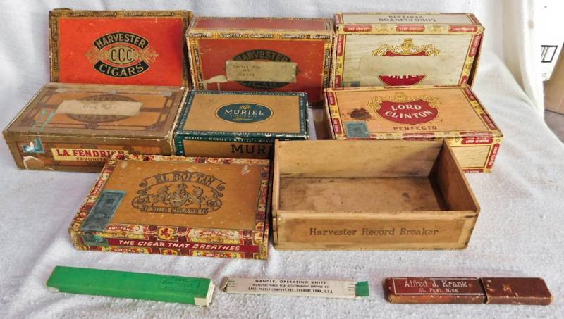 lot 67 image: large lot of cigar boxes and vintage razor and scalpels