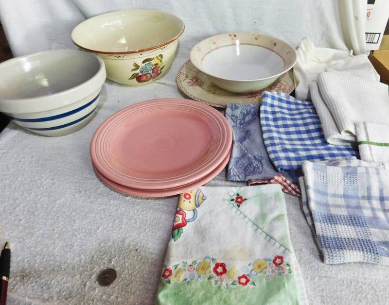 lot 69 image: 2 large Pink Fiestaware Plates linens and more