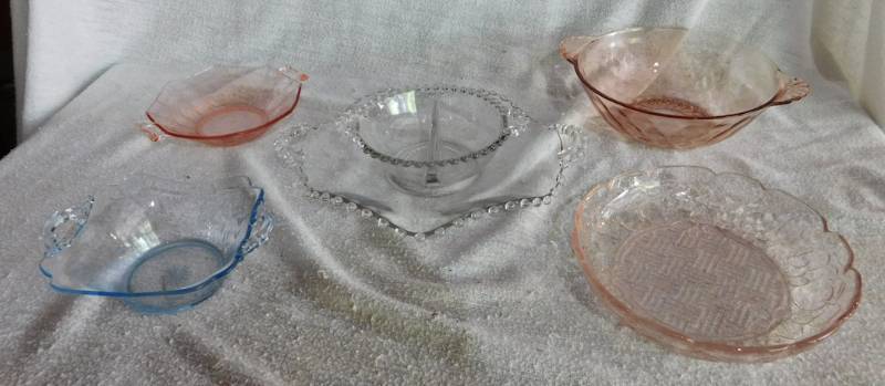 lot 78 image: 5 vintage serving items 3 pink 1 blue depression glass