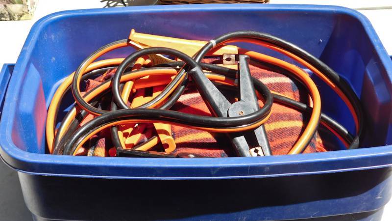 lot 87 image: car care kit tote, jumper cables and 2 wool blankets