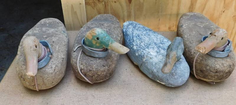lot 104 image: 4 vintage duck decoys 3 are wodden 1 is foam