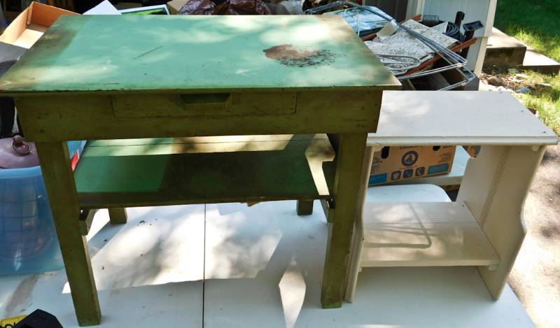 lot 112 image: small vintage primitave wooden table and storage box