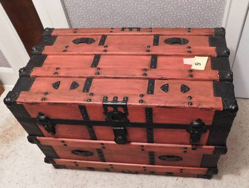 lot 9 image: nice painted vintage trunk with drawer inside
