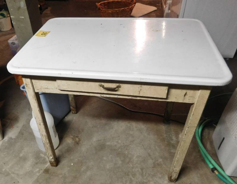 lot 15 image: vintage farm table with enamel metal top