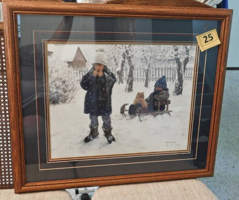 lot 25 image: nice winter print two boys a winter sled and a cat