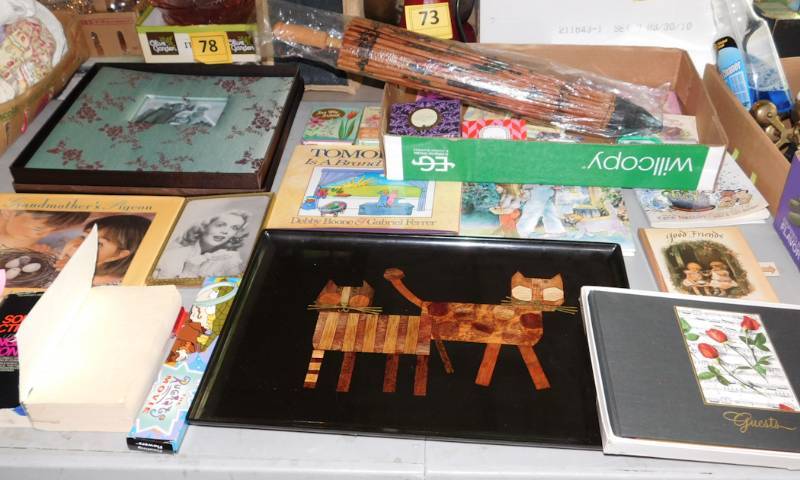 lot 175 image: Vintage Courac cat tray, books, Asian parasol
