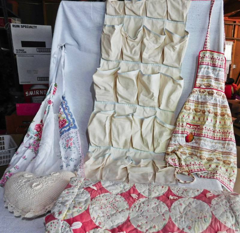 lot 190 image: Aprons, fabric shoe organizer, baby blanket