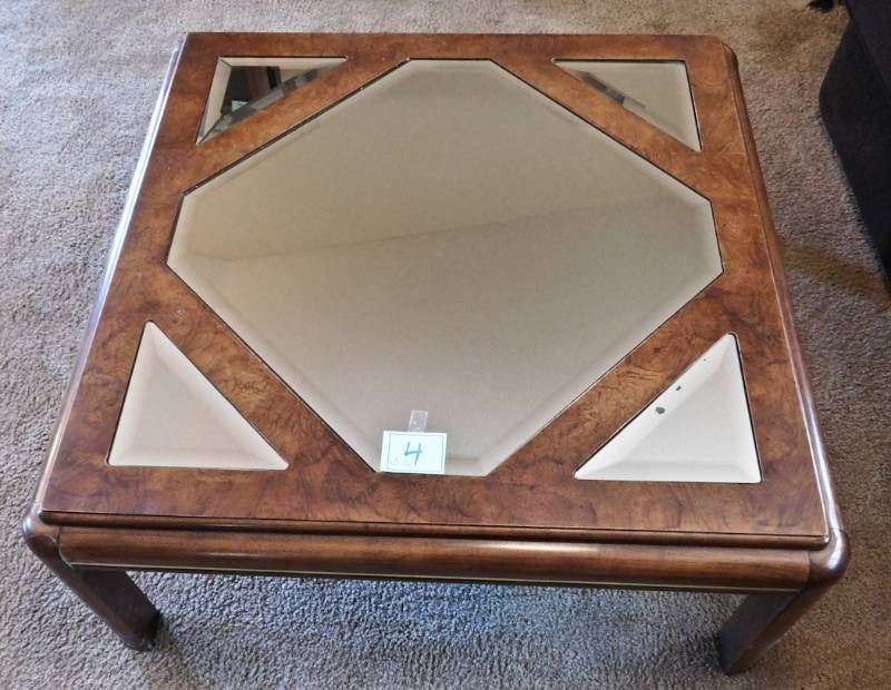 lot 4 image: Thomasville Birdseye Maple glass square coffee table