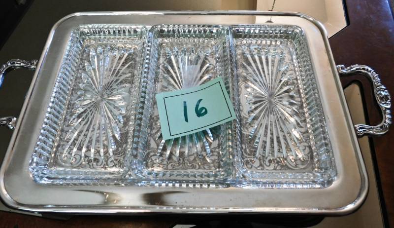 lot 16 image: Leonard silverplare tray with three glass inserts