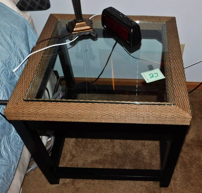 lot 22 image: pair of decorative glass topped tables bed side