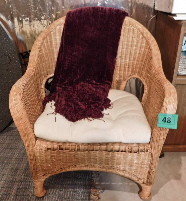 lot 48 image: nice wicker chair cushion and velour throw blanket