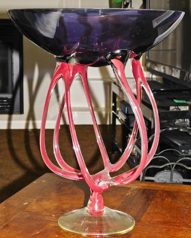 lot 99 image: glass pedestal bowl art black and pink
