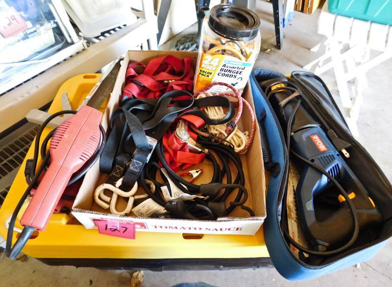 lot 127 image: Ryobi RJ165V saws all, sander bunjee and straps