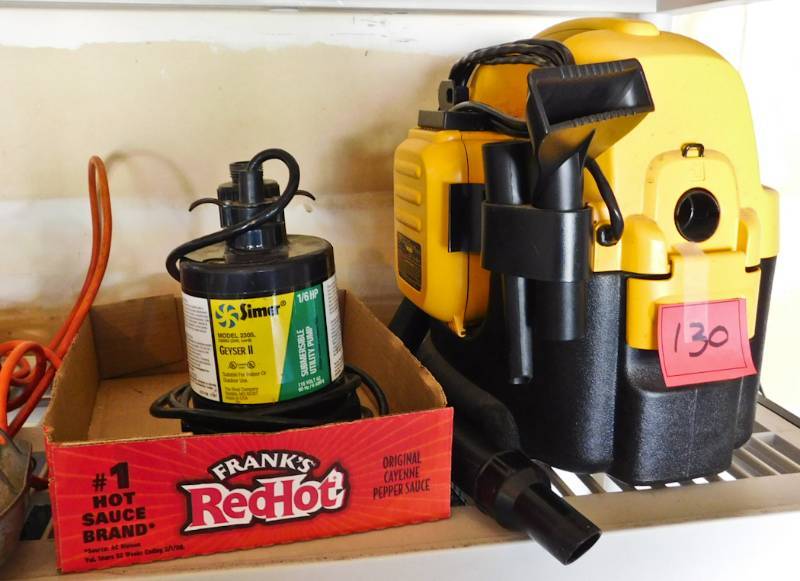 lot 130 image: Dewalt vacuum, sump pump, shop light and more
