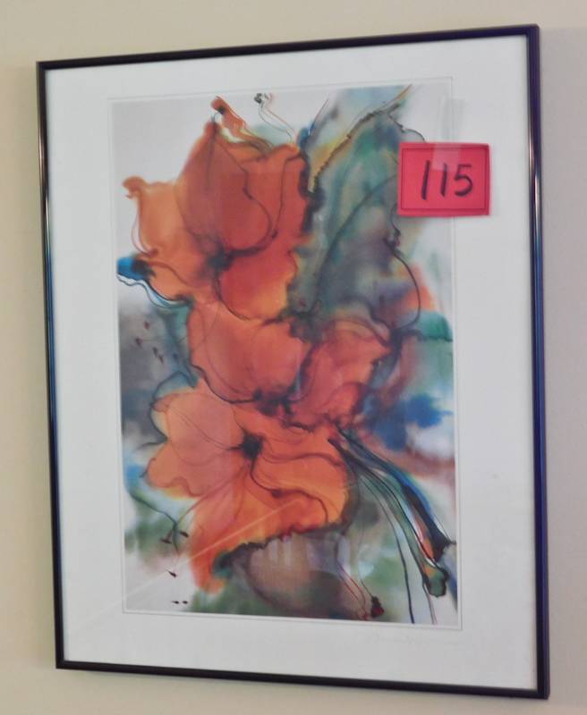 lot 115 image: Beautiful watercolor floral framed with glass